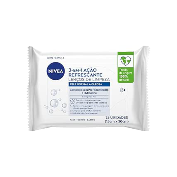 NIVEA Lenço de Limpeza Facial Demaquilante Ação Refrescante 3 em 1 25 un. - Remove a maquiagem, refresca a pele, limpa profundamente sem precisar lavar o rosto, pode ser usado todos os dias