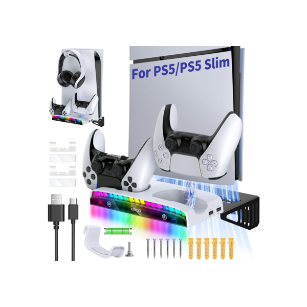 Estação de carregamento duplo para PS5, PS5 Slim Wall Mount Kit, compatível com Playstation 5 Controller, Headset Holder, 15 RGB Light