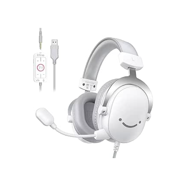 FIFINE Fone de ouvido USB para jogos de PC com conector de áudio de 3,5 mm,microfone removível,som surround 7.1,controle de volume,com fio para streaming para PS5,computador,controlador,Xbox-H9 branco