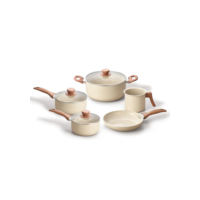 Oikos - Jogo com 5 Panelas Antiaderentes de Revestimento Cerâmica com Tampa de Vidro Terrara Bege com 5 Camadas para Fogão a Gás, Elétricos, Cerâmicos e Halogênio