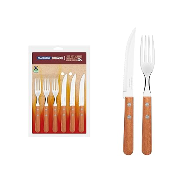 JOGO DE TALHERES PARA CHURRASCO DYNAMIC SORTIDOS COM LAMINAS DE ACO INOX E CABOS DE MADEIRA - 12 PEÇAS