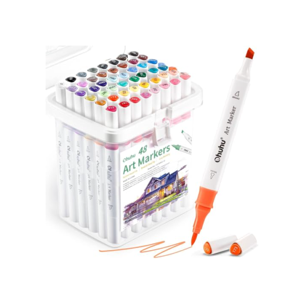 Ohuhu Marcadores de pincel à base de álcool: Conjunto de marcadores de desenho de arte com ponta dupla para artistas infantis adultos design arquitetônico paisagismo colorido - ponta dupla de cinzel - 48 cores com estojo de armazenamento marcador