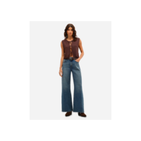 calça wide leg feminina jeans cintura alta barra desfiada azul