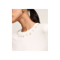 Blusa em Viscose com Strass e Pérolas Aplicados Branco