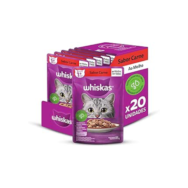 Pack Ração Úmida Whiskas Sachê Carne ao Molho para Gatos Adultos 85 g - 20 unidades