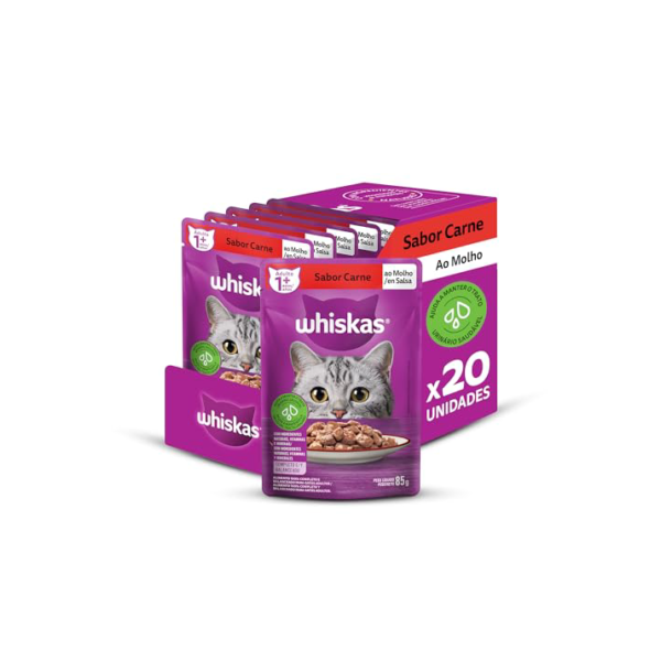 Pack Ração Úmida Whiskas Sachê Carne ao Molho para Gatos Adultos 85 g - 20 unidades