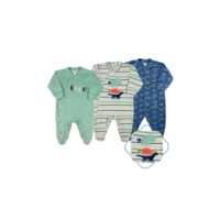 Macacao Bebe Menino Plush Estampado Liso e Listrado Kit Macacao Plush Menino Dinossauros 3 Pecas - Verde P