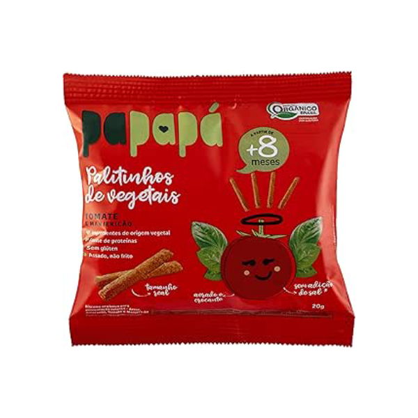Papapá, Palitinho de vegetais infantil (Biscoito), Orgânico, Sabor Tomate & Manjericão, 20g, Vermelho