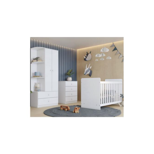 Quarto de Bebê Completo com Guarda-roupa Berço e Cômoda Henn Labirinto Branco