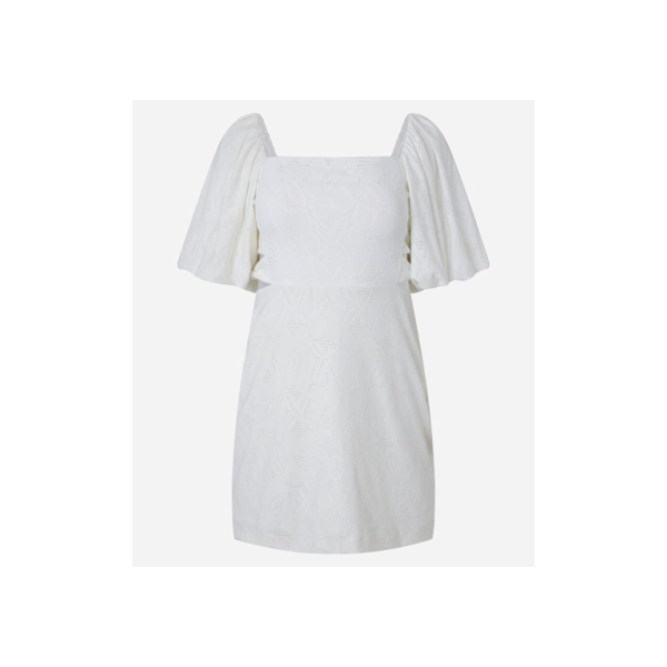 Vestido Evasê Manga Bufante em Laise com Flores Texturizadas Branco
