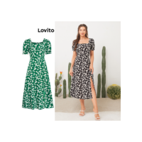 Lovito Casual Vestido de Estampa Floral de Gola Quadrada L11D32 (Preto)