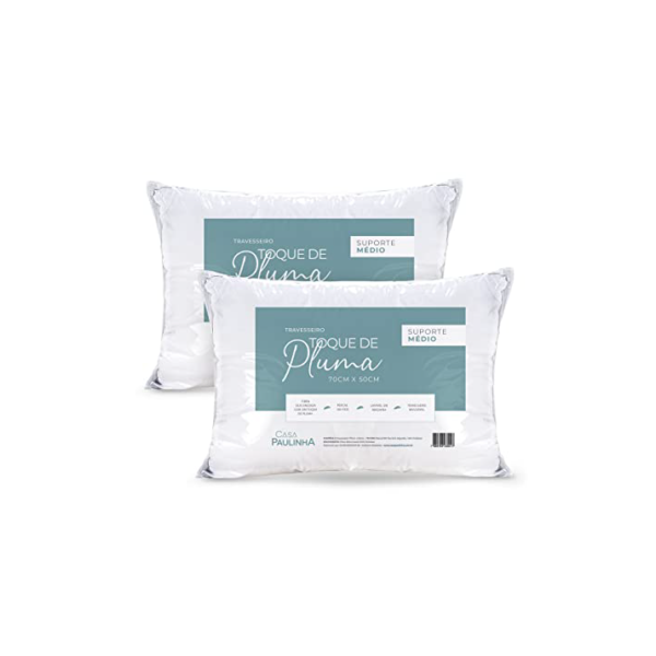 Kit 02 Travesseiros Toque de Pluma Pena Percal 180 Fios 50x70cm Lavável, Antiácaro, Antialérgico