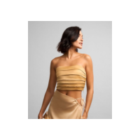 Blusa Cropped em Cetim com Pregas e Zíper Bege