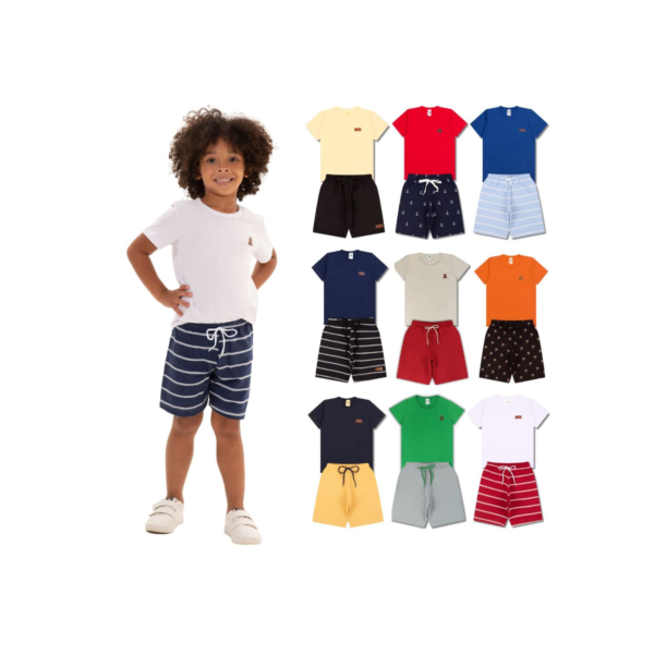 Kit Básico 8 Peças Roupa Infantil Menino - 4 Camisetas Básicas + 4 Bermudas - 4 Conjuntos Lisos Bebê Menino