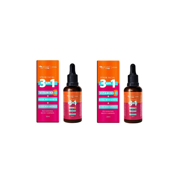 ZKMAGIC Kit 2 Unidades - Serum Facial 3 Em 1 Vitamina + C Rosa Mosqueta + Ácido Hialurônico - Pele Hidratada Macia E Iluminada 30Ml Max Love.