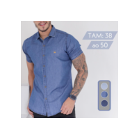 Camisa Jeans Masculina Slim Fit Manga Curta Social Algodão Botões Premium