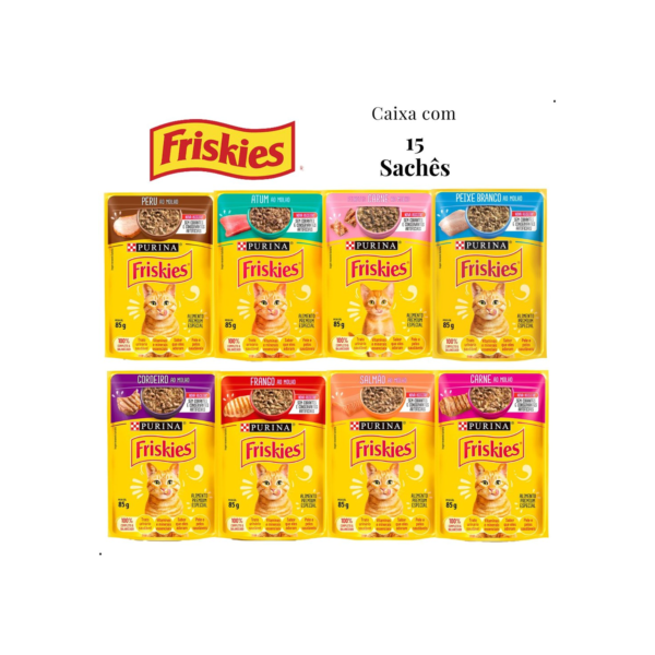 Kit 15 unid Sachê Friskies Alimento Úmido Gatos Carne Frango Atum Peixe Branco Cordeiro Salmão Peru