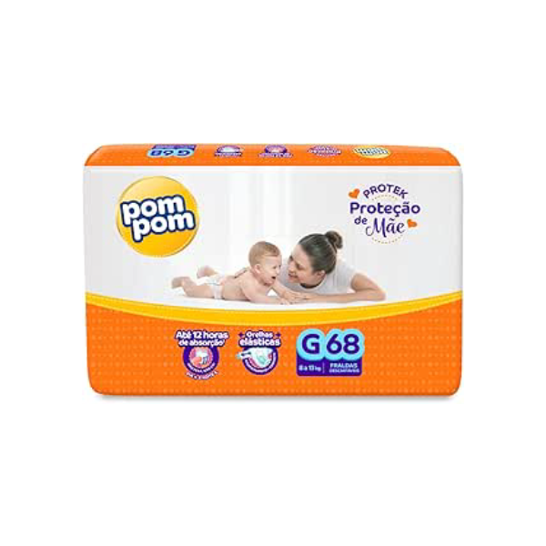 Fralda Pom Pom Protek Proteção de Mãe Hiper G 68 Unidades
