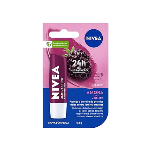 NIVEA Hidratante Labial Amora Shine 4,8 g - Cuidado intensivo para seus lábios, hidratação prolongada, delicioso aroma de amora, pigmentos brilhantes e cor delicada