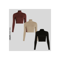 Kit 3 Croppeds Canelados Gola Alta Manga Longa Feminina Moda Gringa Elegante Mulher