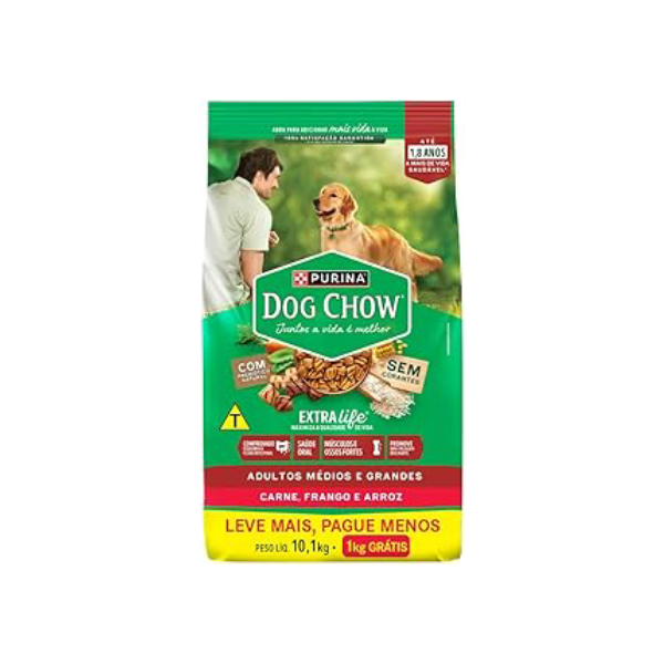 PURINA® DOG CHOW®Adultos Médios e Grandes Carne, Frango e Arroz 10,1Kg Grts 1Kg (Bônus Bag)