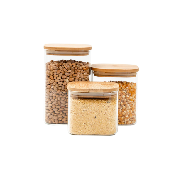 Kit 3 potes de vidro tampa de bambu herméticos quadrados - Tud