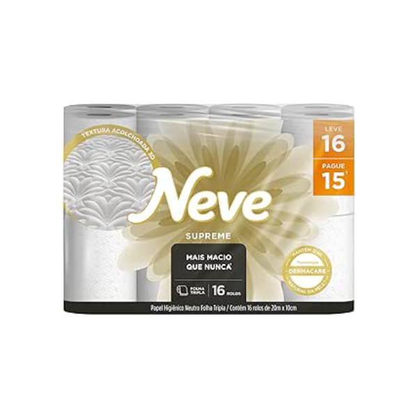 Neve Papel Higiênico Supreme Folha Tripla, 20m, Leve 16 Pague 15 Rolos