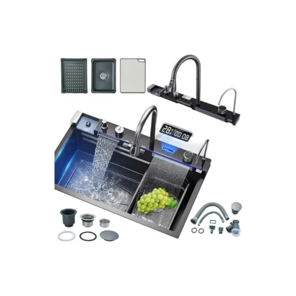 Kit Pia Cuba Cascata Cozinha Inteligente Smart Led Multifuncional de Aço Inox 304 Premium 75x45x23cm Cor Preta WINDA