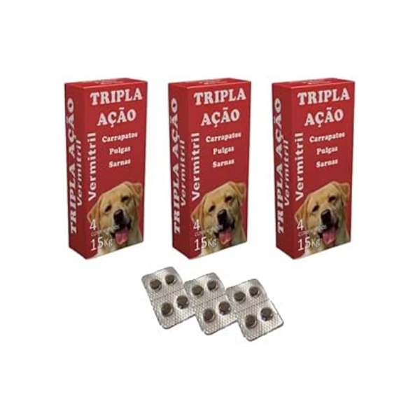 Vermitril - Anti Pulgas, Carrapatos, Vermes, Sarnas 12 Comprimidos (Cães até 15kg)