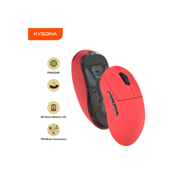 Kysona-Mouse para jogos sem fio vermelho asteca, ultra leve, 26000DPI, 6 botões, 90 milhões ópticos, computador, laptop, PC, PAW3395, 55g