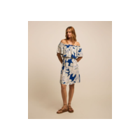 Vestido Curto Ombro a Ombro em Twill com Flores Estampadas Azul/Branco