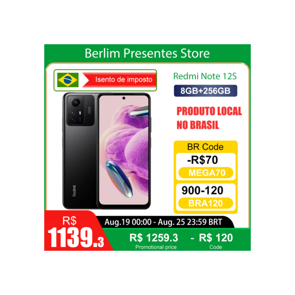Xiaomi Redmi Note 12S 256GB Onyx Black 8GB Ram Versão Global | Smartphone 4G , ROM Global , Câmera 108MP , Carregador 18W