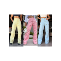 Calça Cargo Jeans  FEMININA de mais bolso / wide leg /Colorida /Pantalona Feminina Moda Street  Tecido Algodão Premium