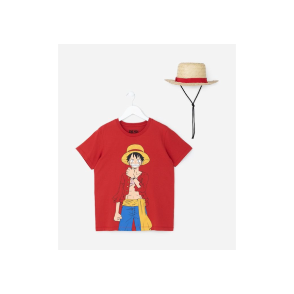 Camiseta Infantil com Estampa One Piece e Chapéu de Palha - Tam 7 a 14 Anos Vermelho
