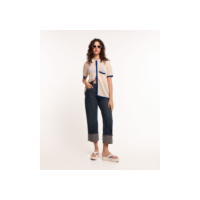 Calça Reta em Jeans com Faixa Afivelada e Barra Dobrada Azul