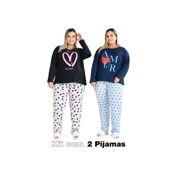 Kit com 2 Pijamas Feminino Inverno Plus Size 100% Algodão