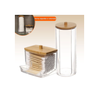 Organizador Algodão E Cotonetes Acrílico Tampa Bambu Kit