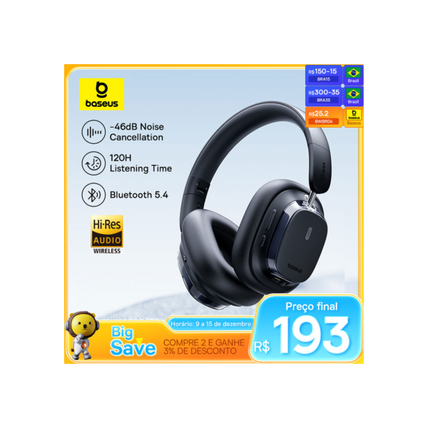 Baseus Bowie 10 Max Fones de ouvido sem fio híbrido -46dB com cancelamento de ruído 120H Tempo de jogos Fones de ouvido de alta resolução Bluetooth 5.4