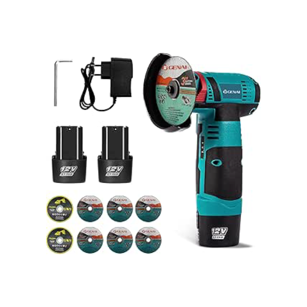 12V Mini Esmerilhadeira Angular Portátil, 2 Baterias, 19500 RPM, Com 8 Discos de Corte, Corte e Polimento para Metal, Pedra, Madeira, Mármore – Compacta e Recarregável