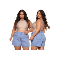 Short Jeans Plus Size Feminino Jeans Claro Corrente Cintura Alta 100% Jeans 46 ao 54 Moda Maior