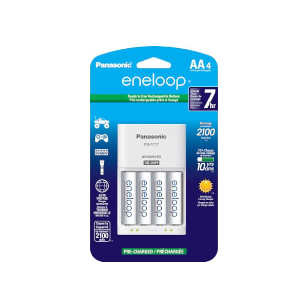 Panasonic K-KJ17MCA4BA Pacote de carregador de bateria individual avançado com 4 pilhas AA Eneloop recarregáveis de 2100 ciclos