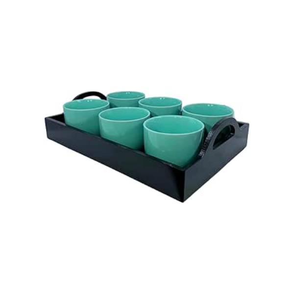 Jogo 6 Xícara 170ml Verde Porcelana Com Bandeja Em Mdf - Mundo Da Porcelana