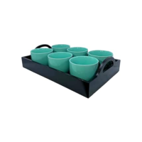 Jogo 6 Xícara 170ml Verde Porcelana Com Bandeja Em Mdf - Mundo Da Porcelana