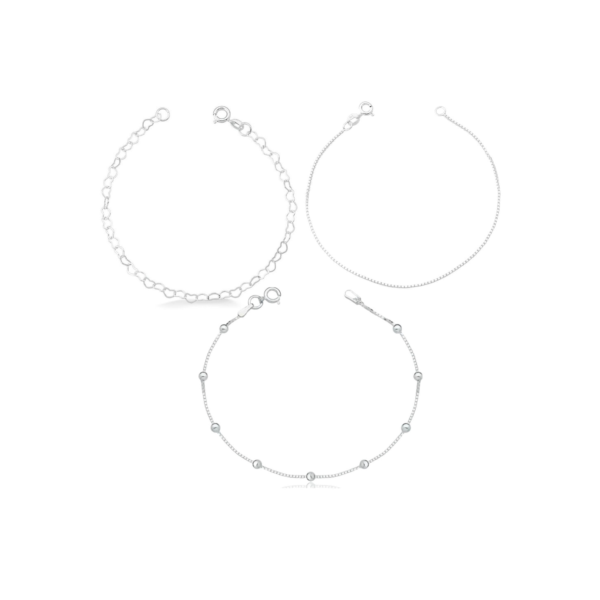 Kit 3 Pulseiras Prata 925 Bolinha Coração e Veneziana