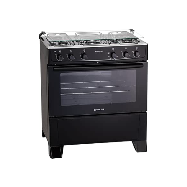 Fogão 5 bocas Atlas Mônaco Plus Preto com Acendimento Automático e Mesa Inox