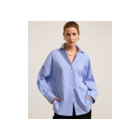 Camisa Over Alongada em Tricoline Listrado com Fio Tinto Azul