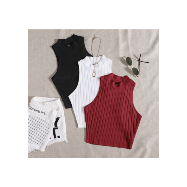 KIT 3 Cropped Gola Alta Canelado Sem Manga Verão Praia