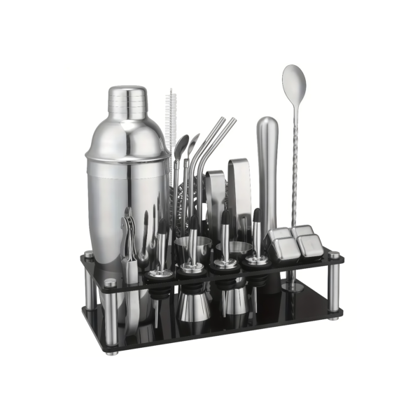 Cocktail Bar Utensilios Kit 23 Peças Inox Coqueteleira 750ml Profissional + Suporte Sacador Dosador