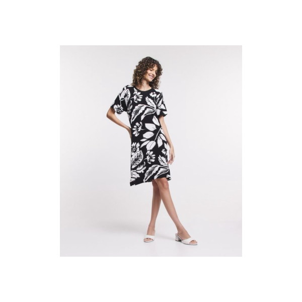 Vestido T-Shirt em Viscose com Folhagens Estampadas Preto