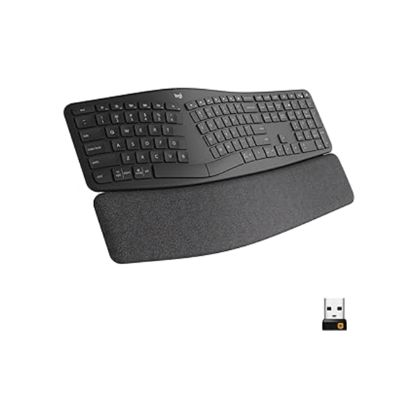 Teclado sem fio Logitech ERGO K860 com Layout de Teclado Dividido, Suporte para Descanso de Pulso, Tecido Resistente a Manchas, Conexão Bluetooth e USB - Compatível com Windows e Mac.